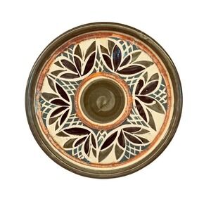 Handmade Pottery Dish Unsigned Green EarthTone Floral Design 10 Inch New Zealand